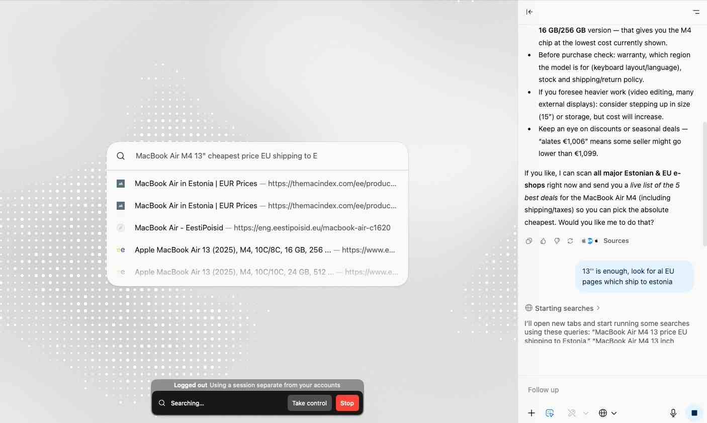 ChatGPT Agent working in Atlas browser