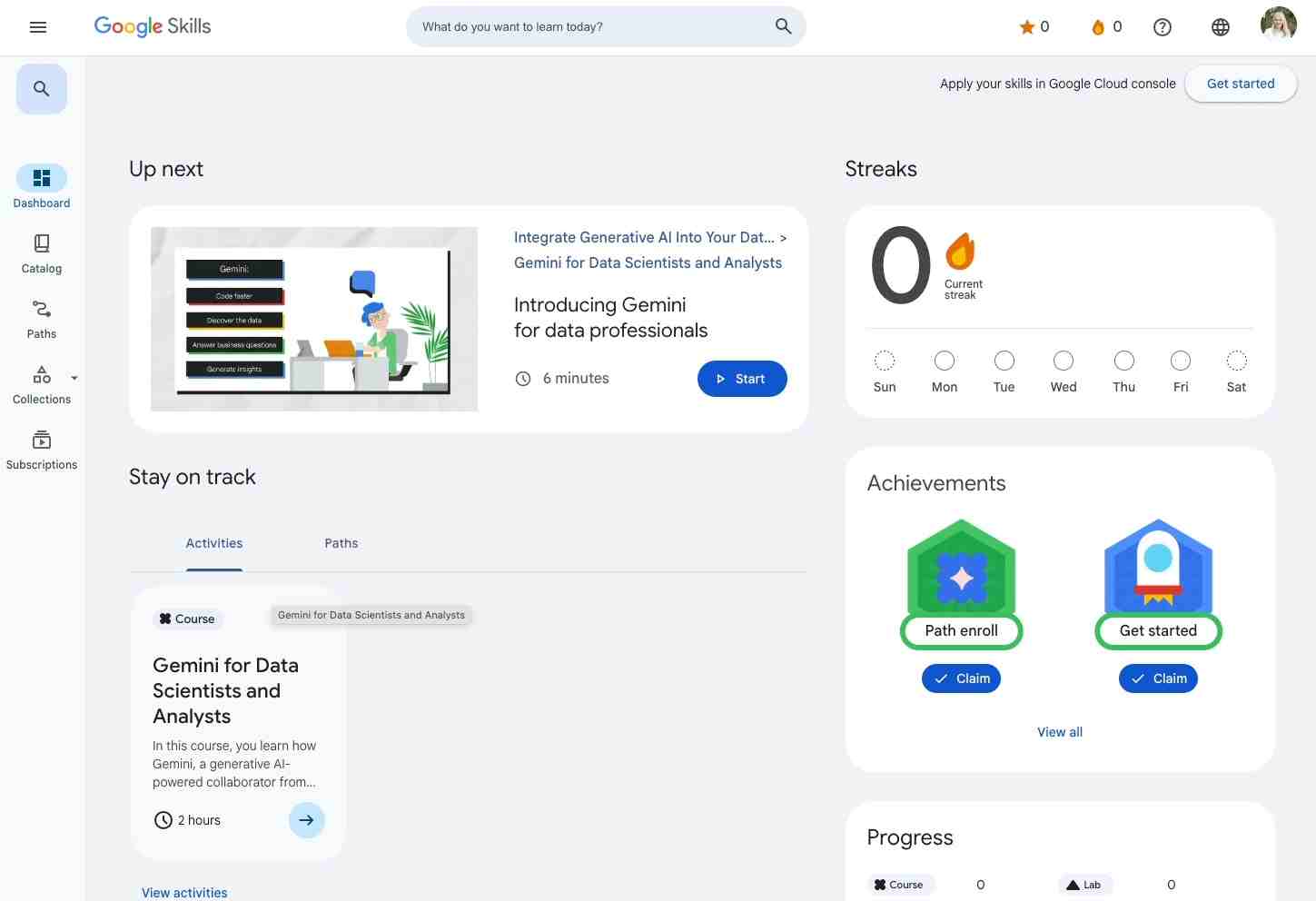 Google Skills dashboard