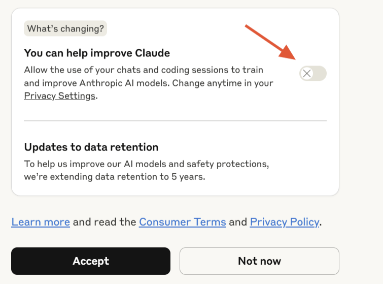 If you don't want Claude to train on your data, make sure to uncheck that box