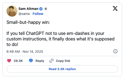 Tweet about the em-dashed by Sam Altman