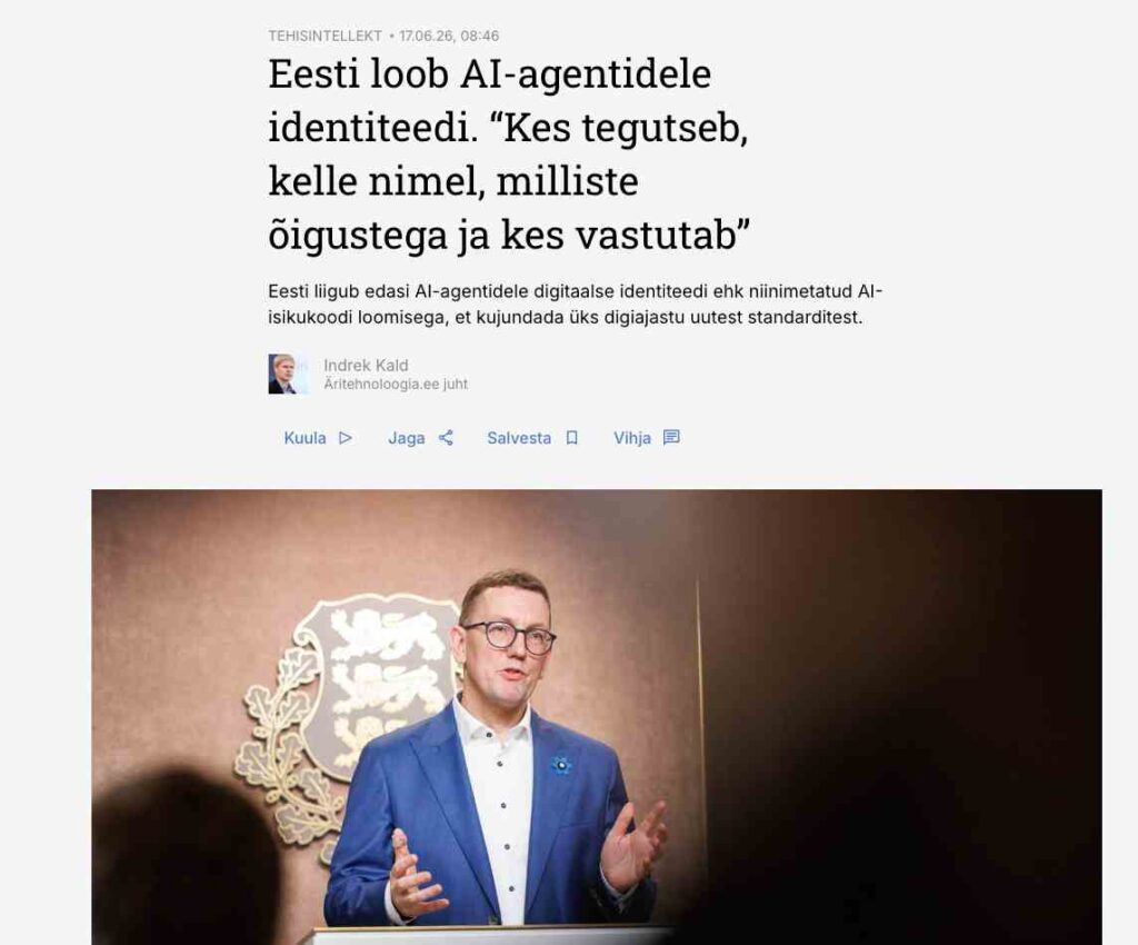 Estonian prime minister talking about AI agents' identity