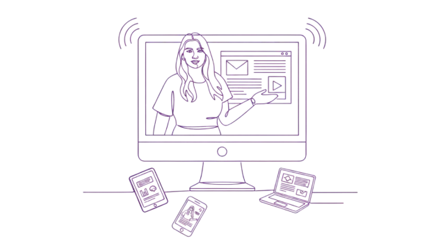 AI Finance Online Course Illustration Illustration of AI finance online course, showing a woman on a computer screen with connected devices symbolizing digital learning