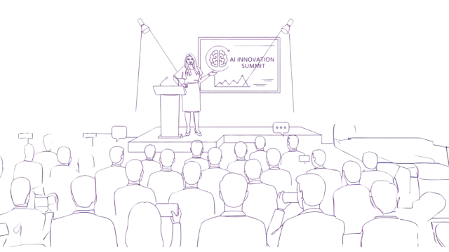 AI Finance Keynote Speaking Engagement Illustration Illustration of an AI finance keynote speaking engagement, showing a presenter on stage at a conference in front of an audience