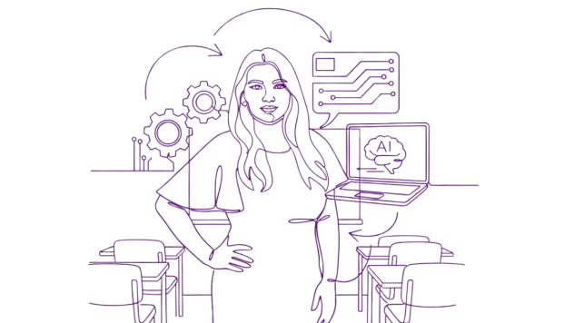 AI Finance Training Illustration Illustration of AI finance training, showing a trainer with digital and AI elements symbolizing knowledge sharing in finance